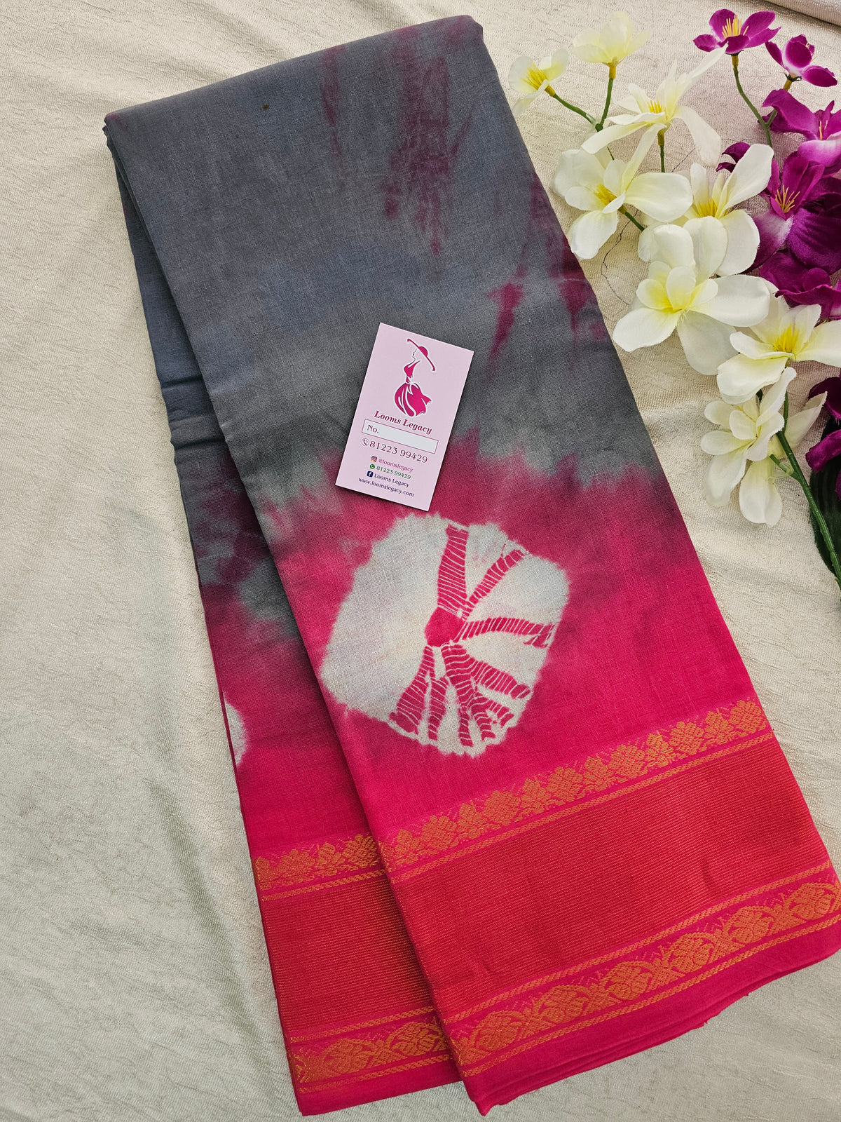 Madurai Sungadi Cotton Saree with Big Borders - Grey with Pink