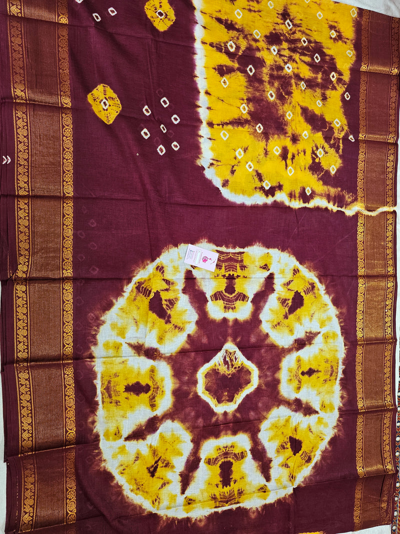 Madurai Sungadi Cotton Saree with Big Borders - Yellow with Maroon