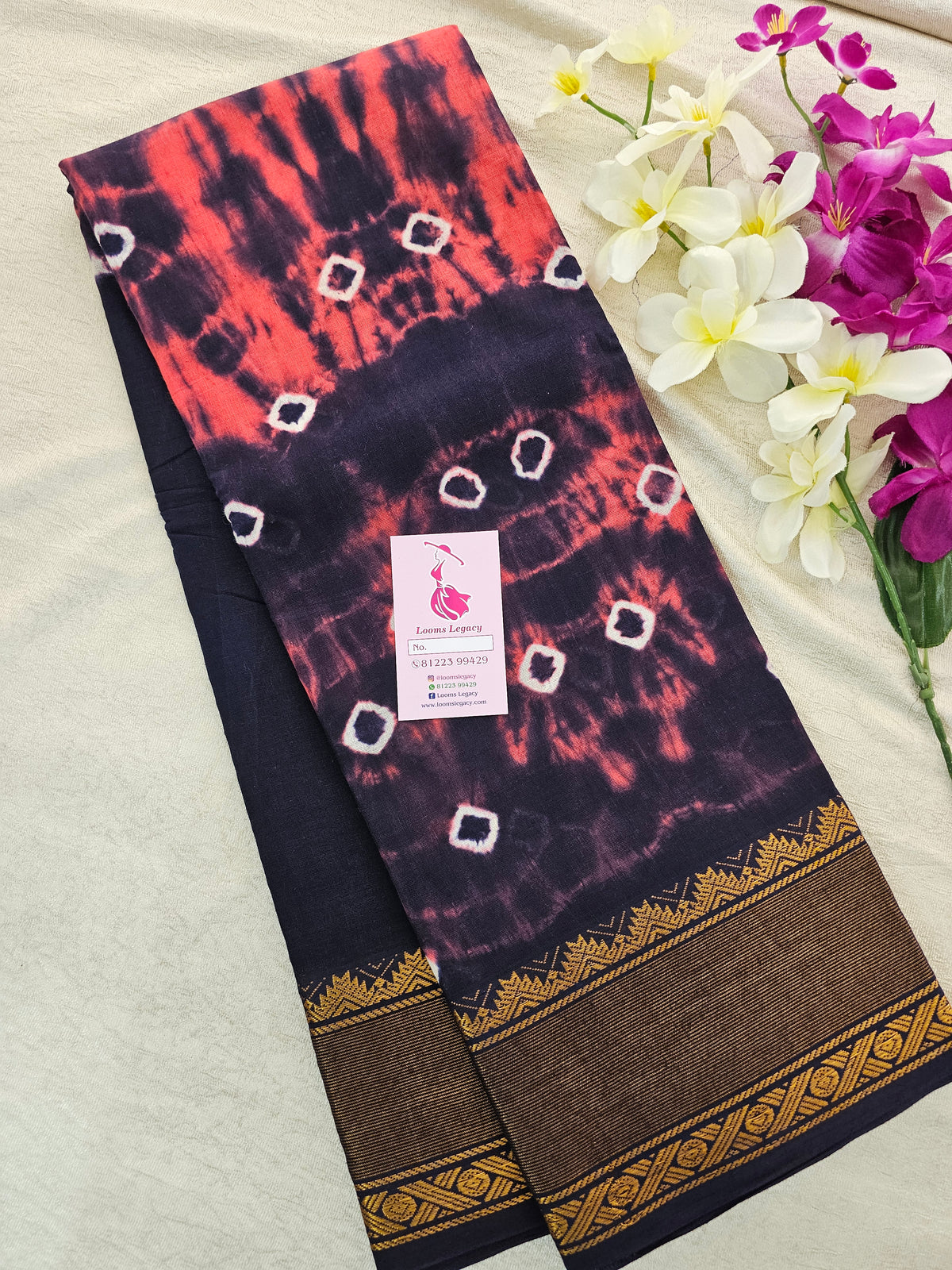 Madurai Sungadi Cotton Saree with Big Borders - Navy Blue with Peachish Pink