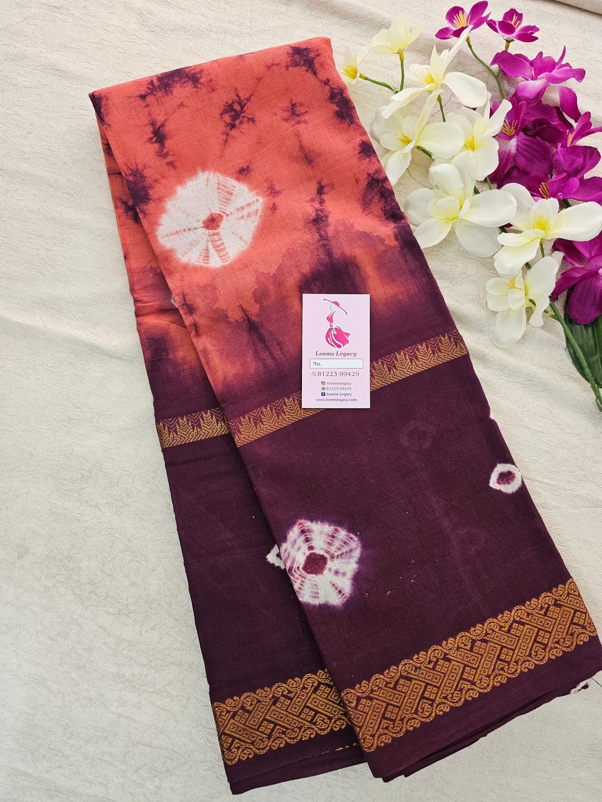 Madurai Sungadi Cotton Saree with Mayruri Border - Peach with Purple