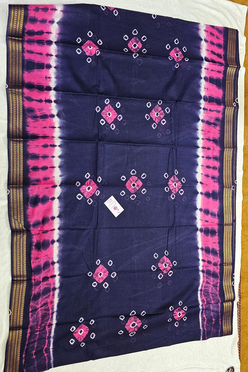 Madurai Sungadi Cotton Saree with Small Borders - Navy Blue with Pink