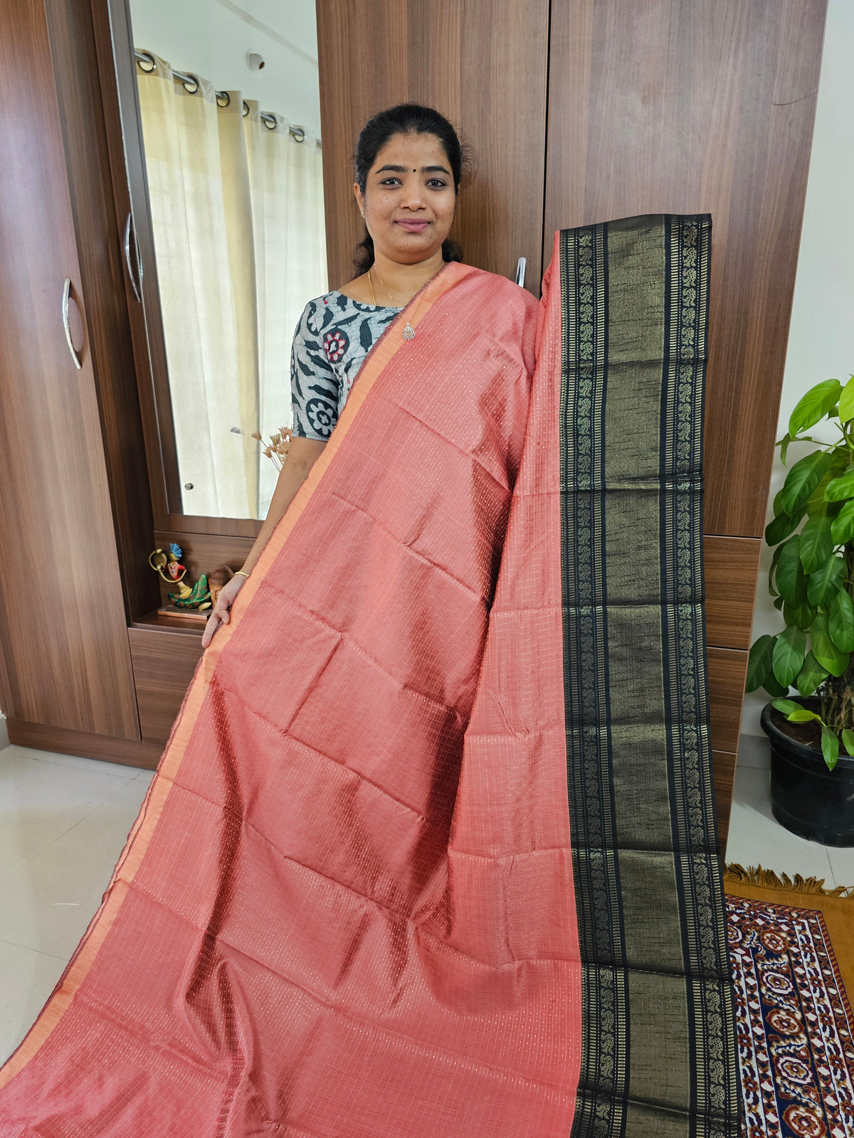 Semi Raw Silk Saree - Peach with Black