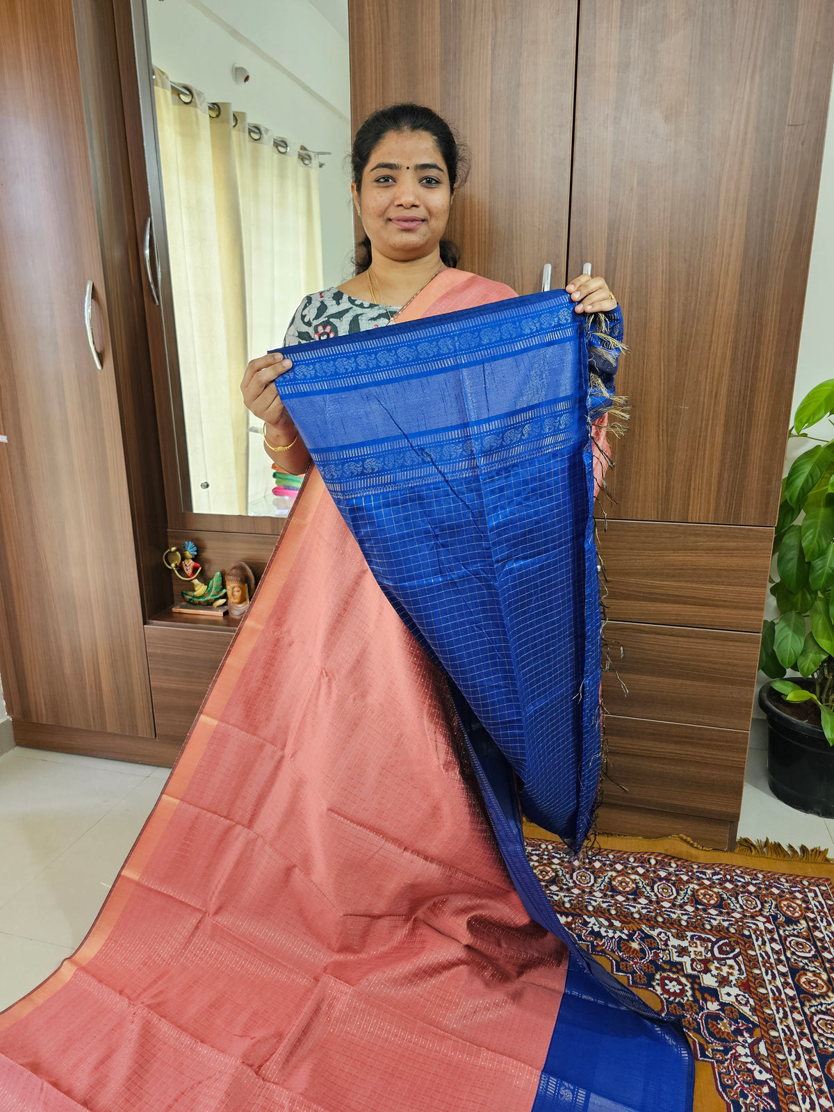 Semi Raw Silk Saree - Peach with Royal Blue