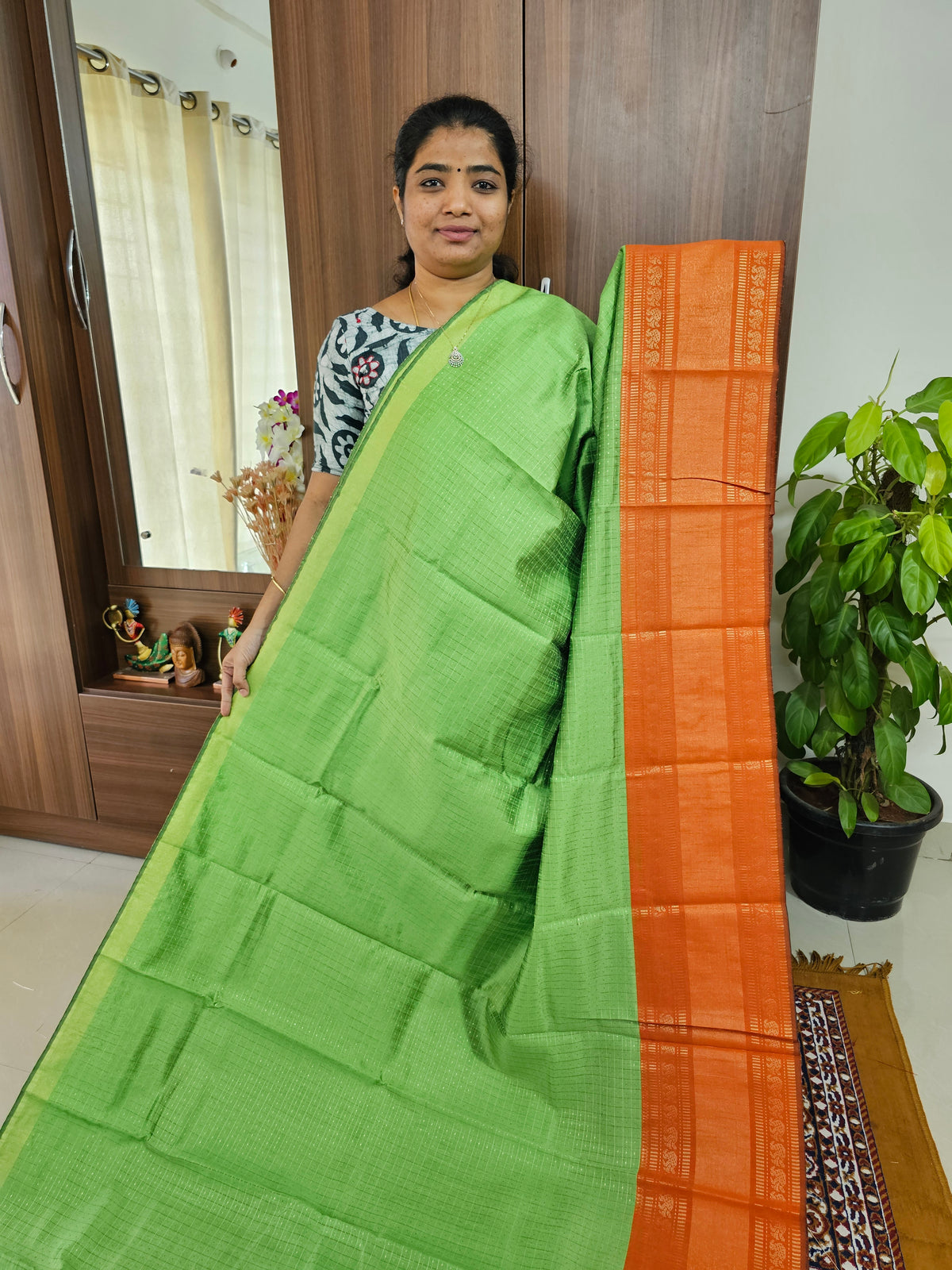 Semi Raw Silk Saree - Green with Orange