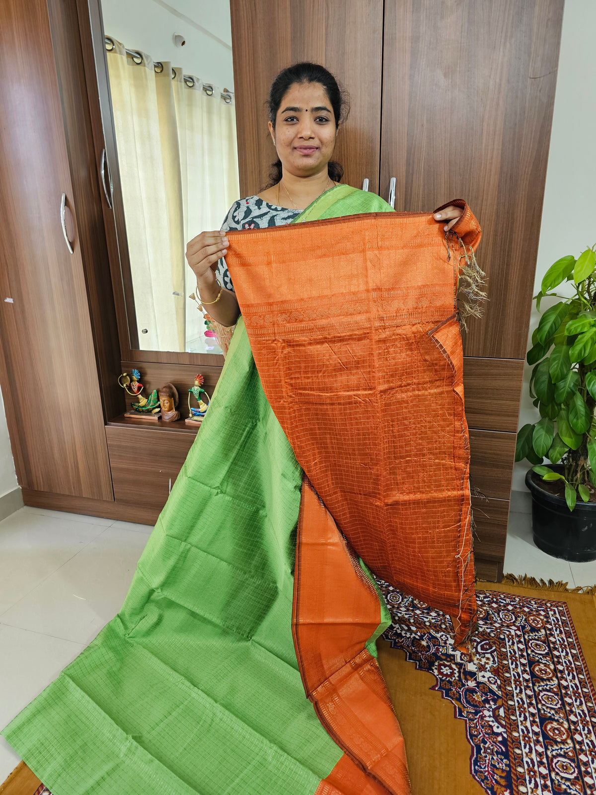 Semi Raw Silk Saree - Green with Orange