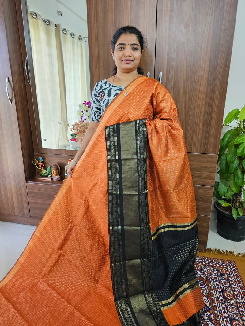 Semi Raw Silk Saree -Orange with Black