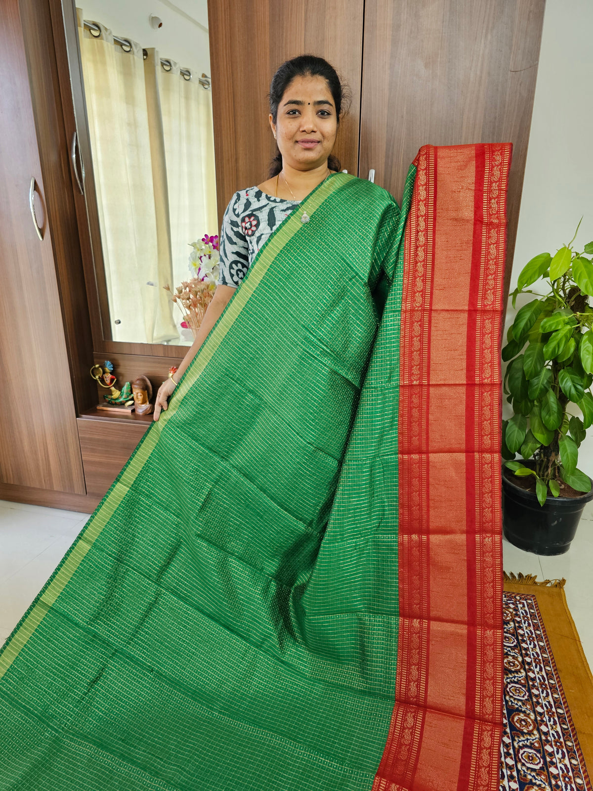 Semi Raw Silk Saree - Green with Red