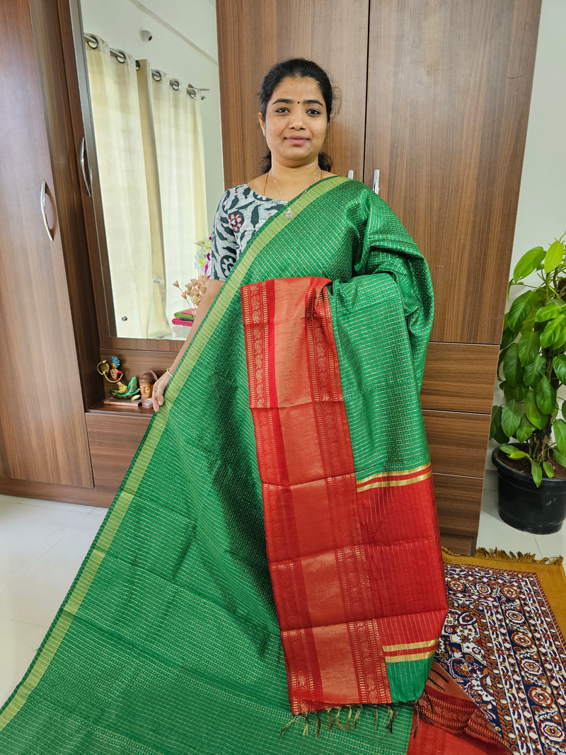 Semi Raw Silk Saree - Green with Red