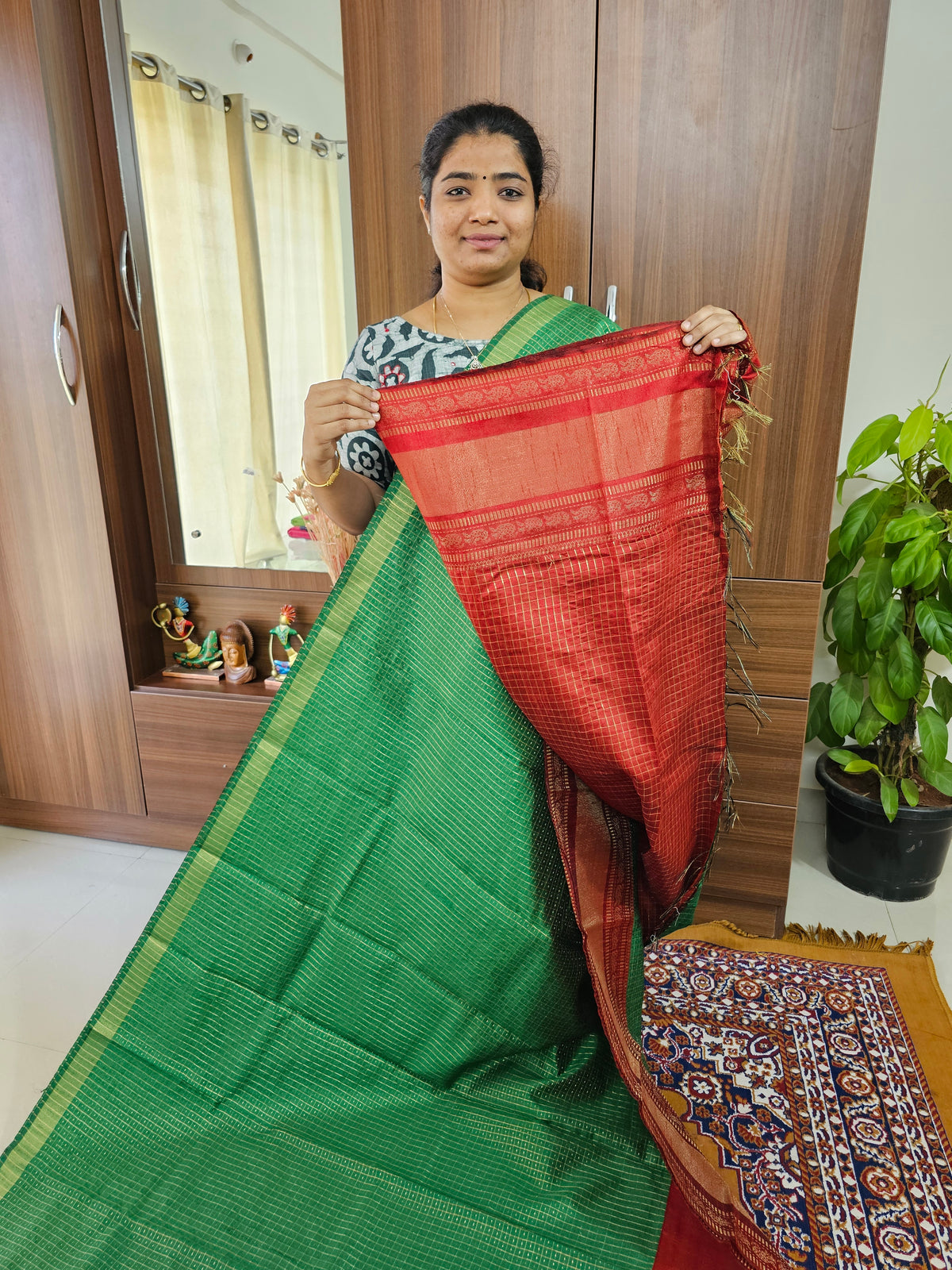 Semi Raw Silk Saree - Green with Red