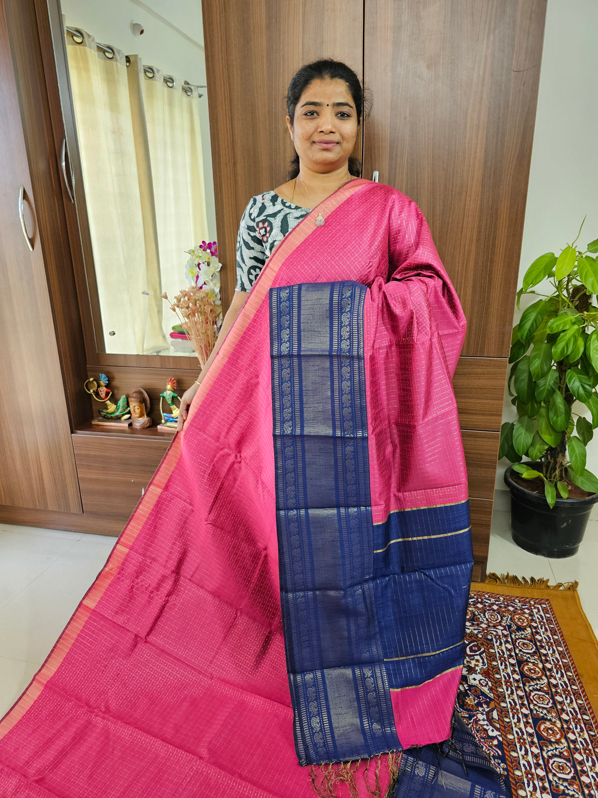 Semi Raw Silk Saree - Pink with Blue