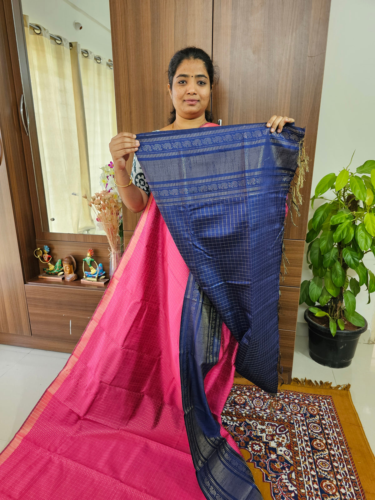 Semi Raw Silk Saree - Pink with Blue