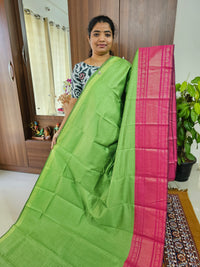 Semi Raw Silk Saree - Green with Pink