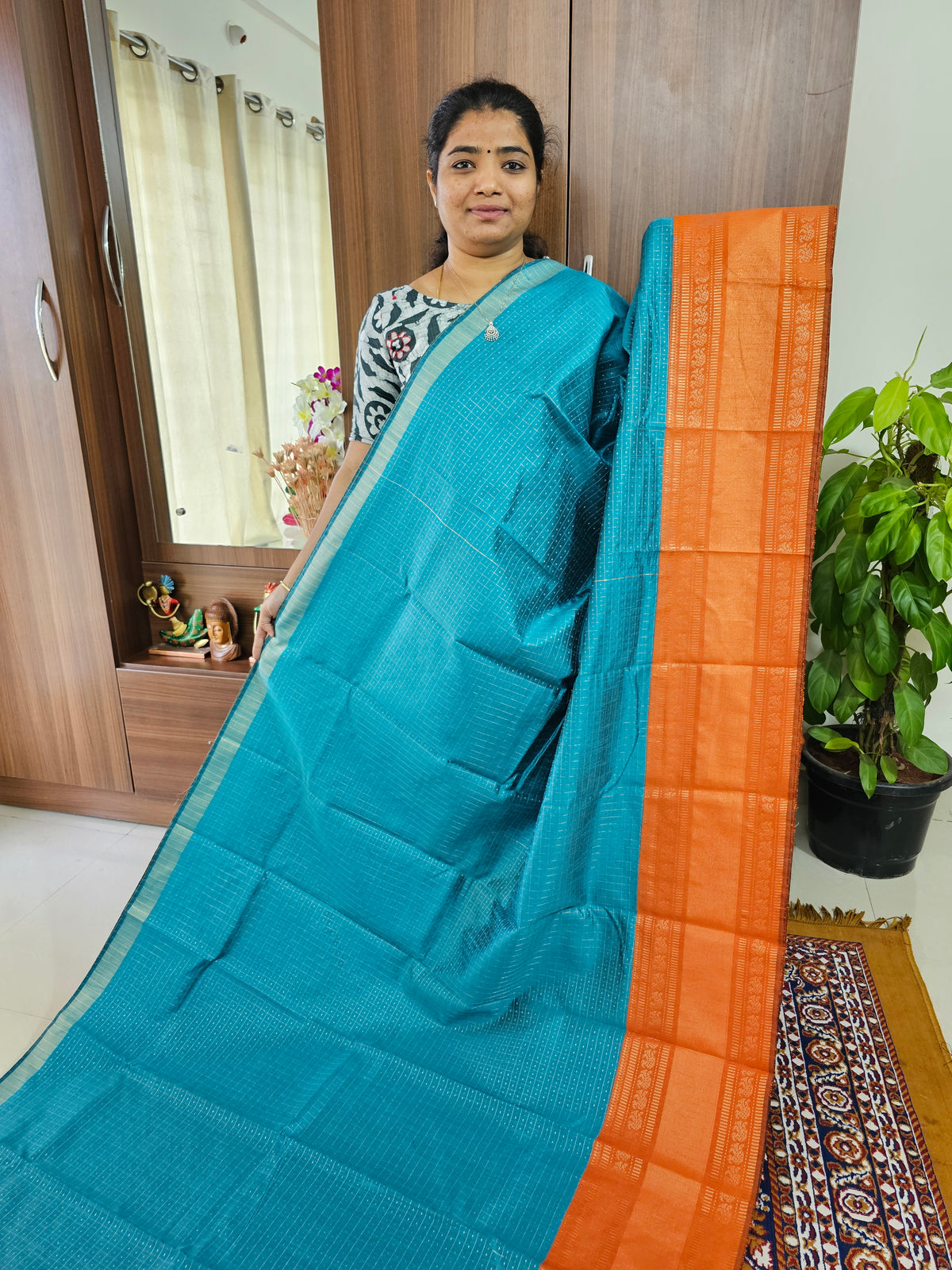 Semi Raw Silk Saree - Blue with Orange