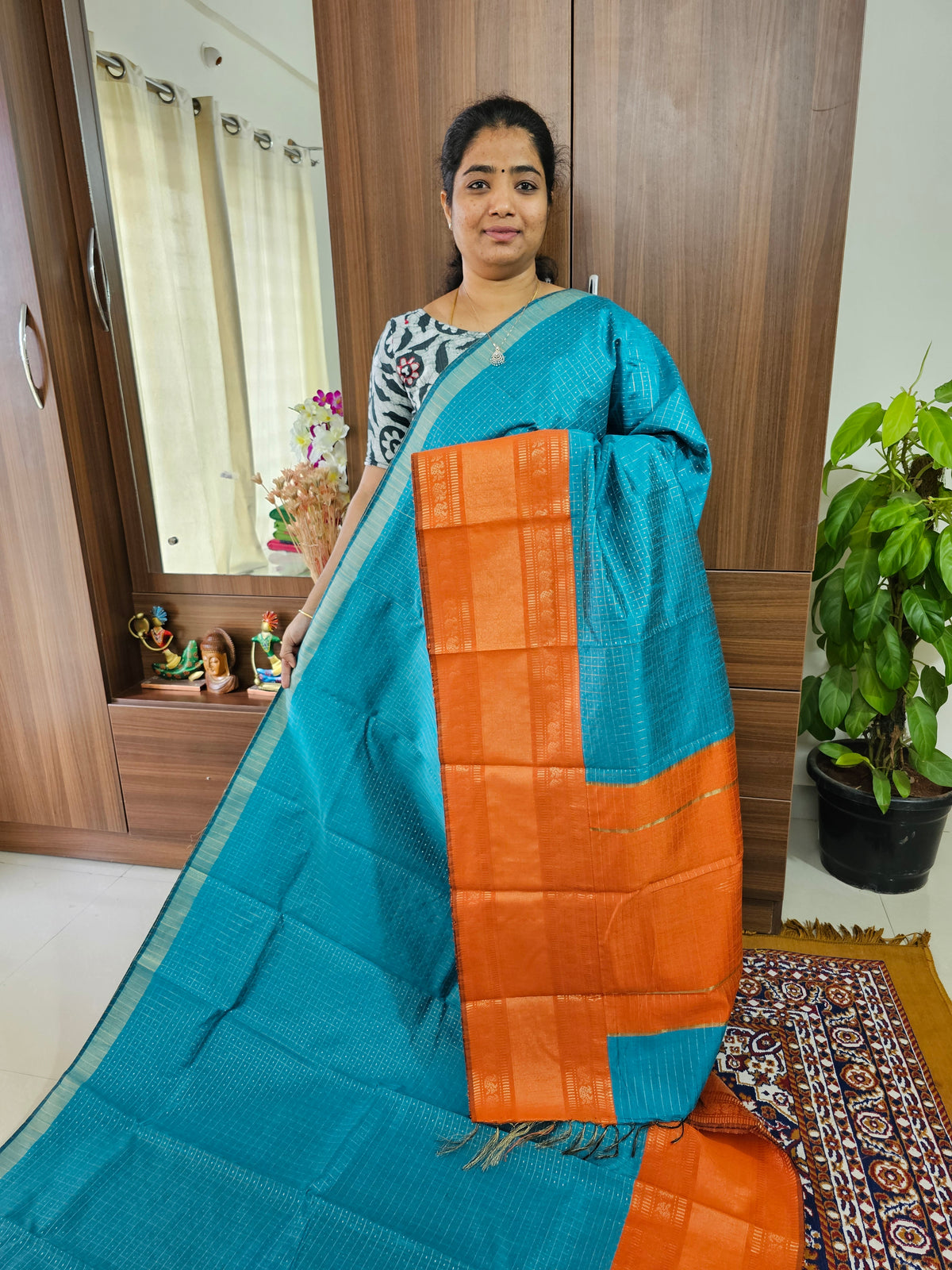 Semi Raw Silk Saree - Blue with Orange