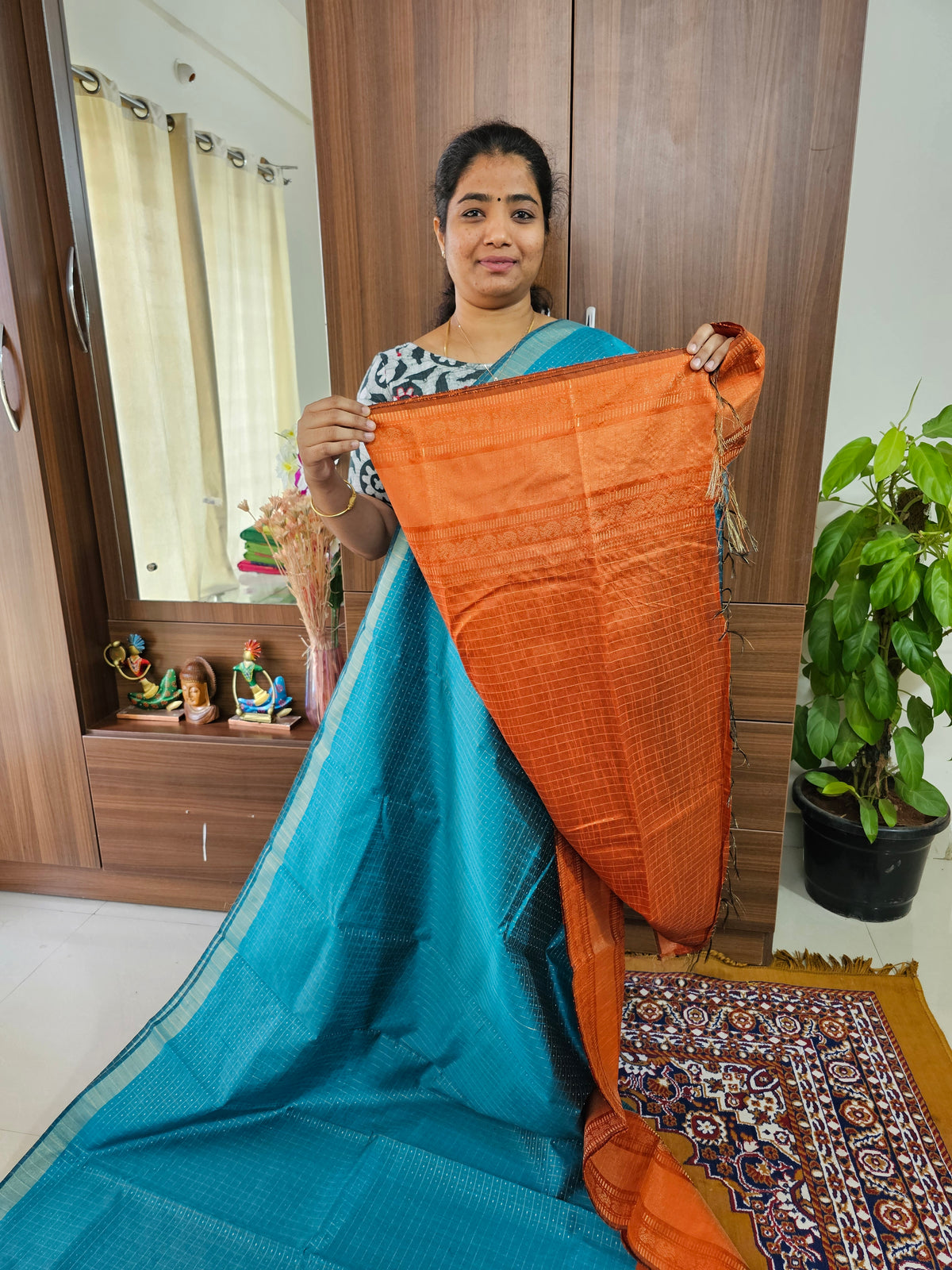 Semi Raw Silk Saree - Blue with Orange