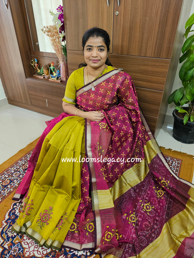 Half & Half Pattern Pure Handloom Maheshwari Silk Cotton Weaves  - Rani Pink with Mustard Yellow