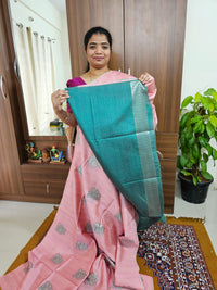 Semi Maandu Tussar Zari Weaving Floral Butta Saree - Peach with Peacock Green