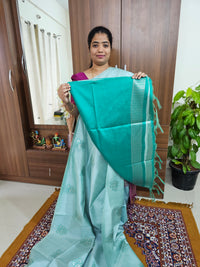 Semi Maandu Tussar Zari Weaving Floral Butta Saree - Pastel Green with Sea Green