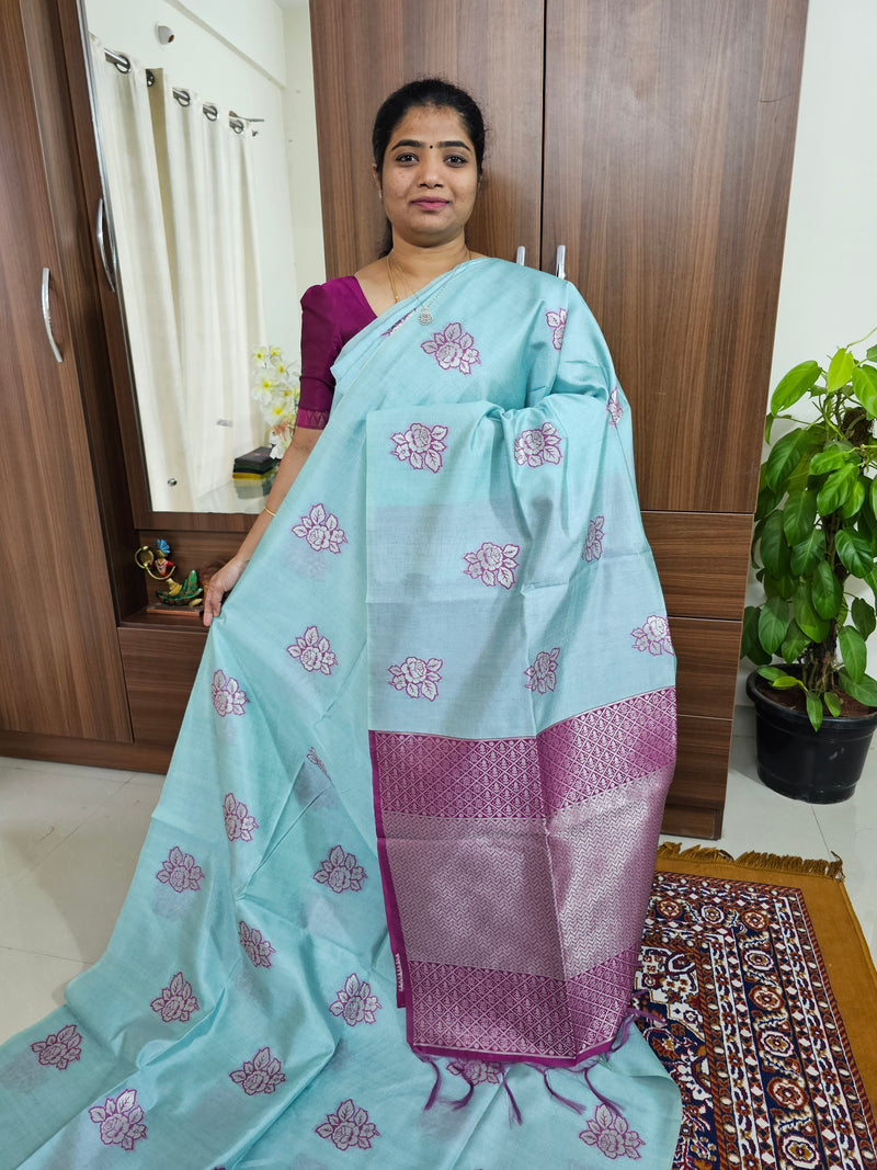 Semi Maandu Tussar Zari Weaving Floral Butta Saree - Pastel Blue with Magenta Pink