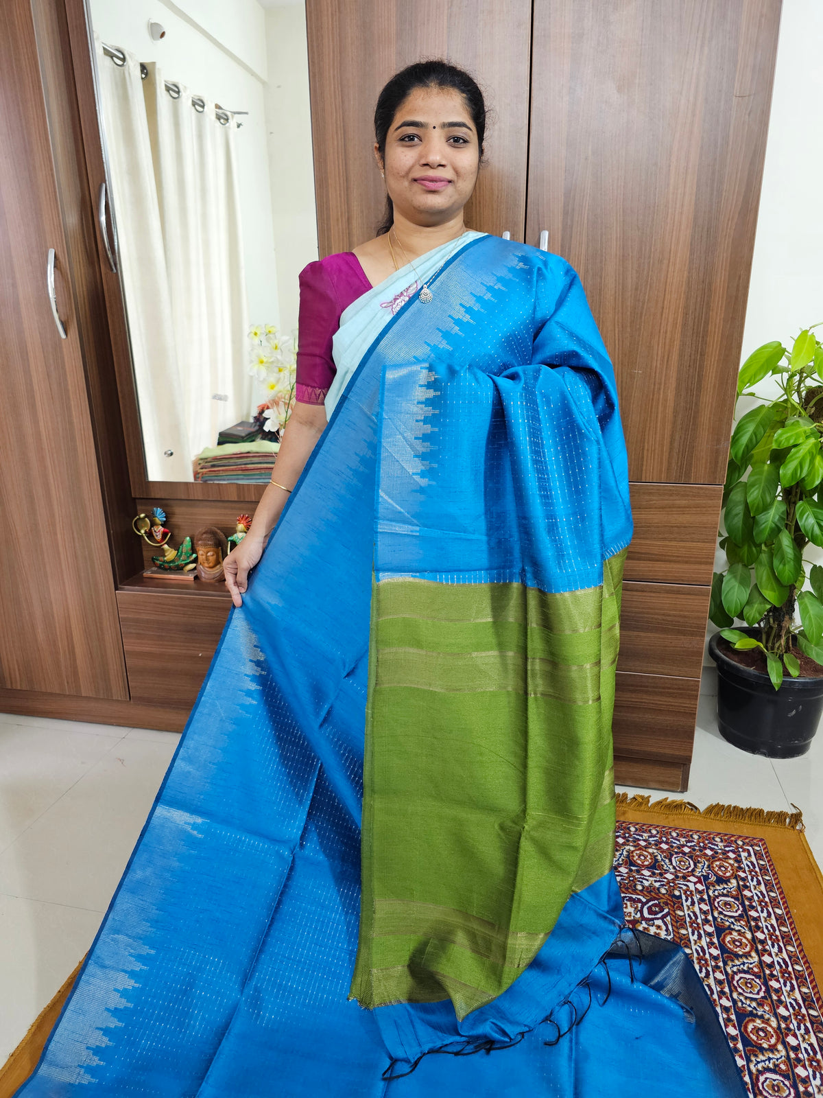 Semi Raw Silk - Blue with Green