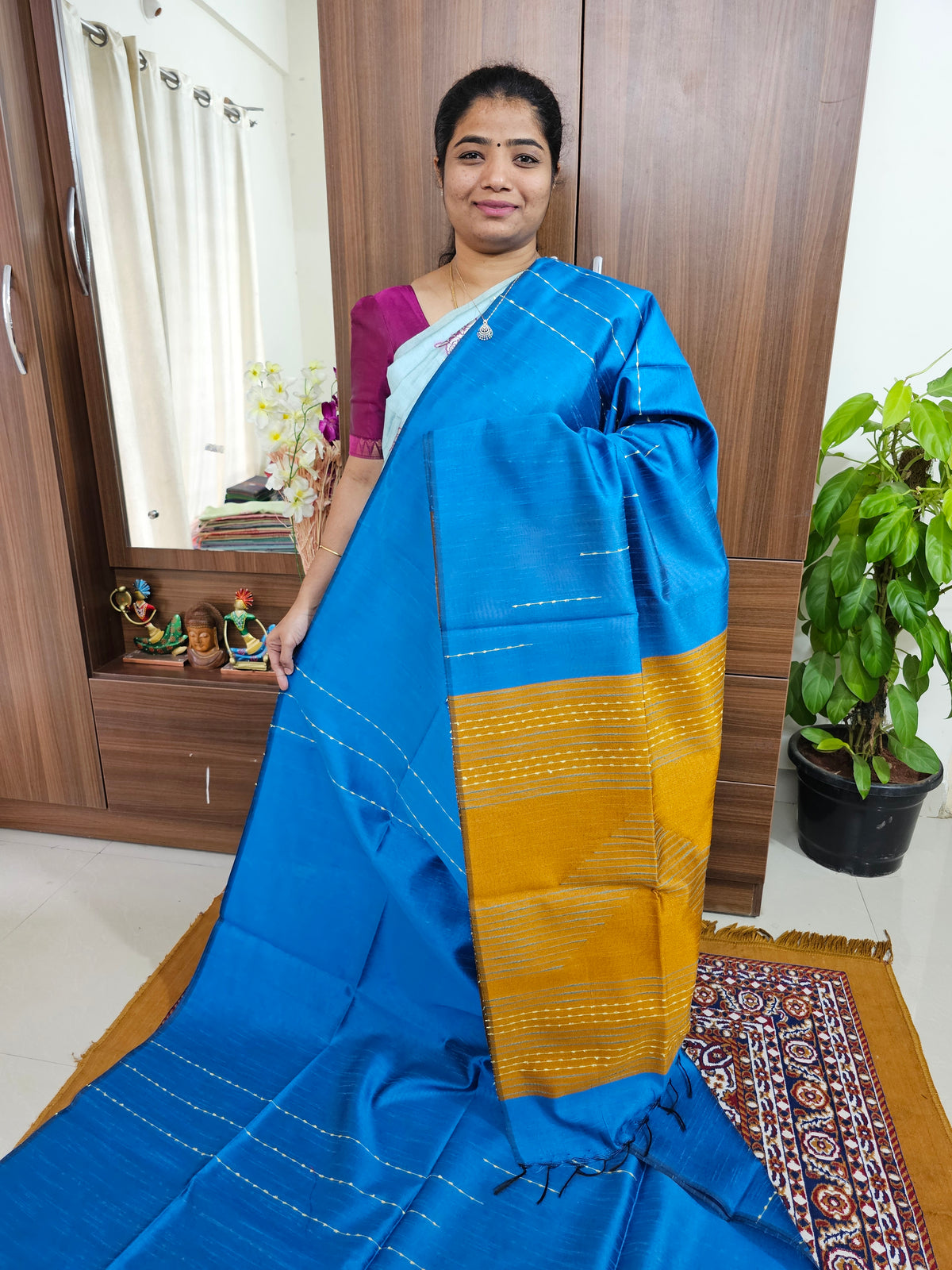 Semi Raw Silk - Blue with Mustard Yellow