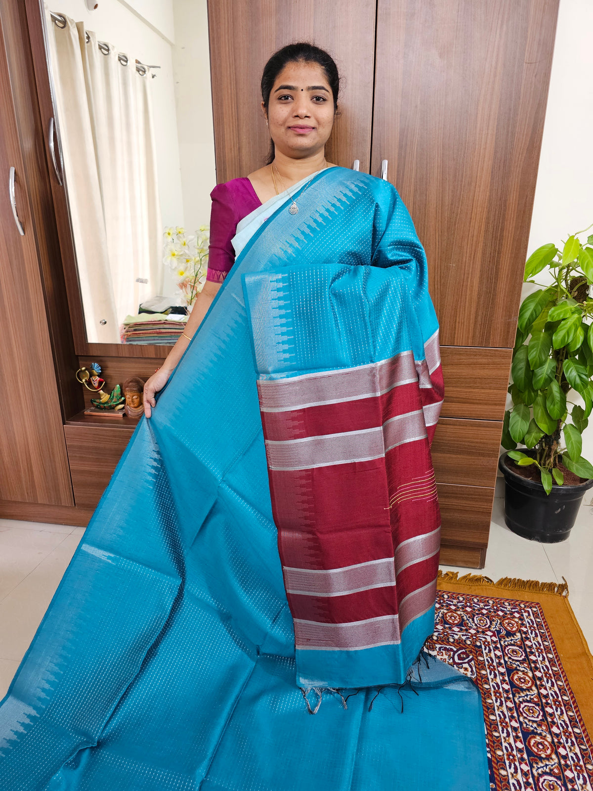 Semi Raw Silk -Blue with Maroon