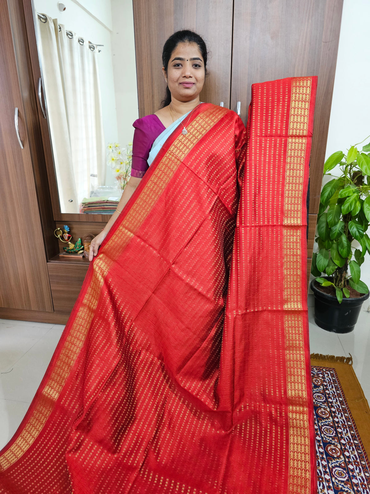 Semi Raw Silk - Red with Black