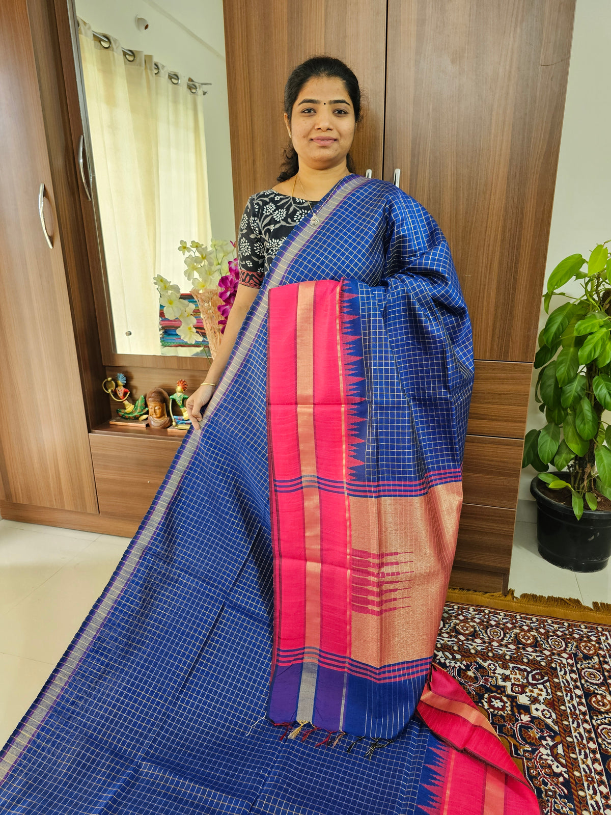 Semi Raw Silk Saree - Royal Blue with Pink