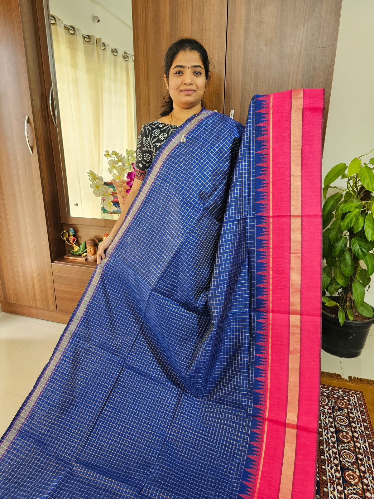 Semi Raw Silk Saree - Royal Blue with Pink