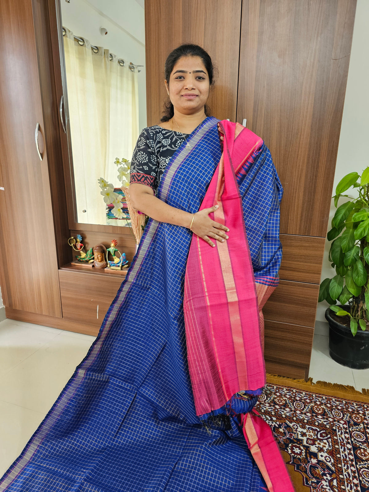 Semi Raw Silk Saree - Royal Blue with Pink