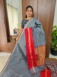 Semi Raw Silk Saree - Grey with Red