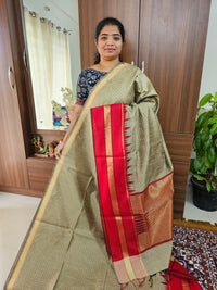 Semi Raw Silk Saree - Beige with Red