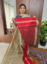 Semi Raw Silk Saree - Beige with Red