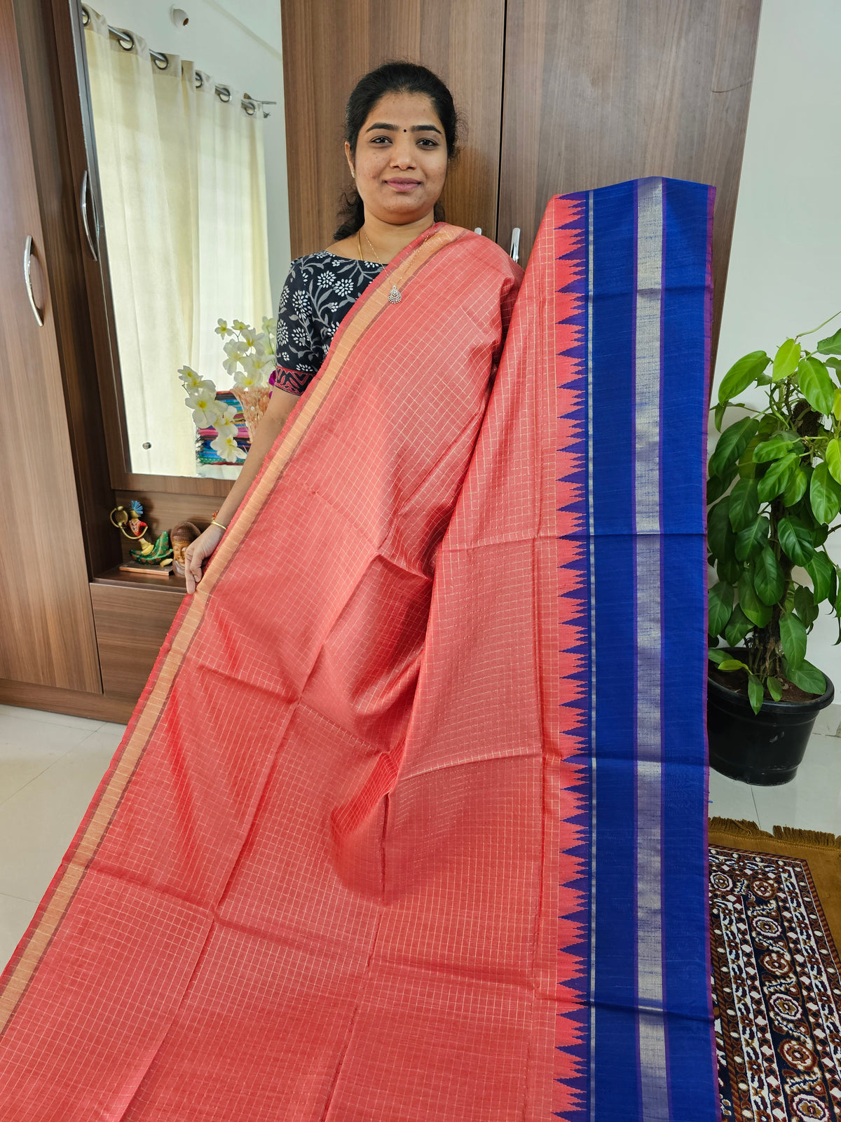 Semi Raw Silk Saree - Peach with Royal Blue