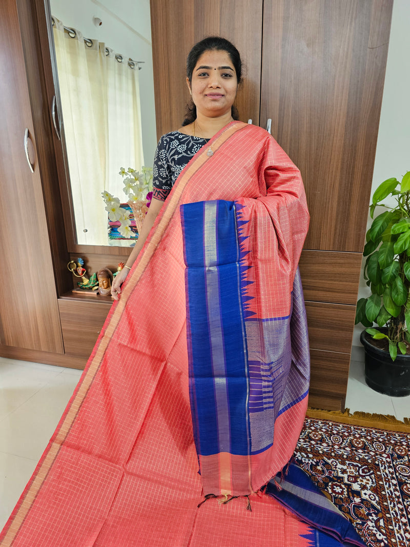 Semi Raw Silk Saree - Peach with Royal Blue