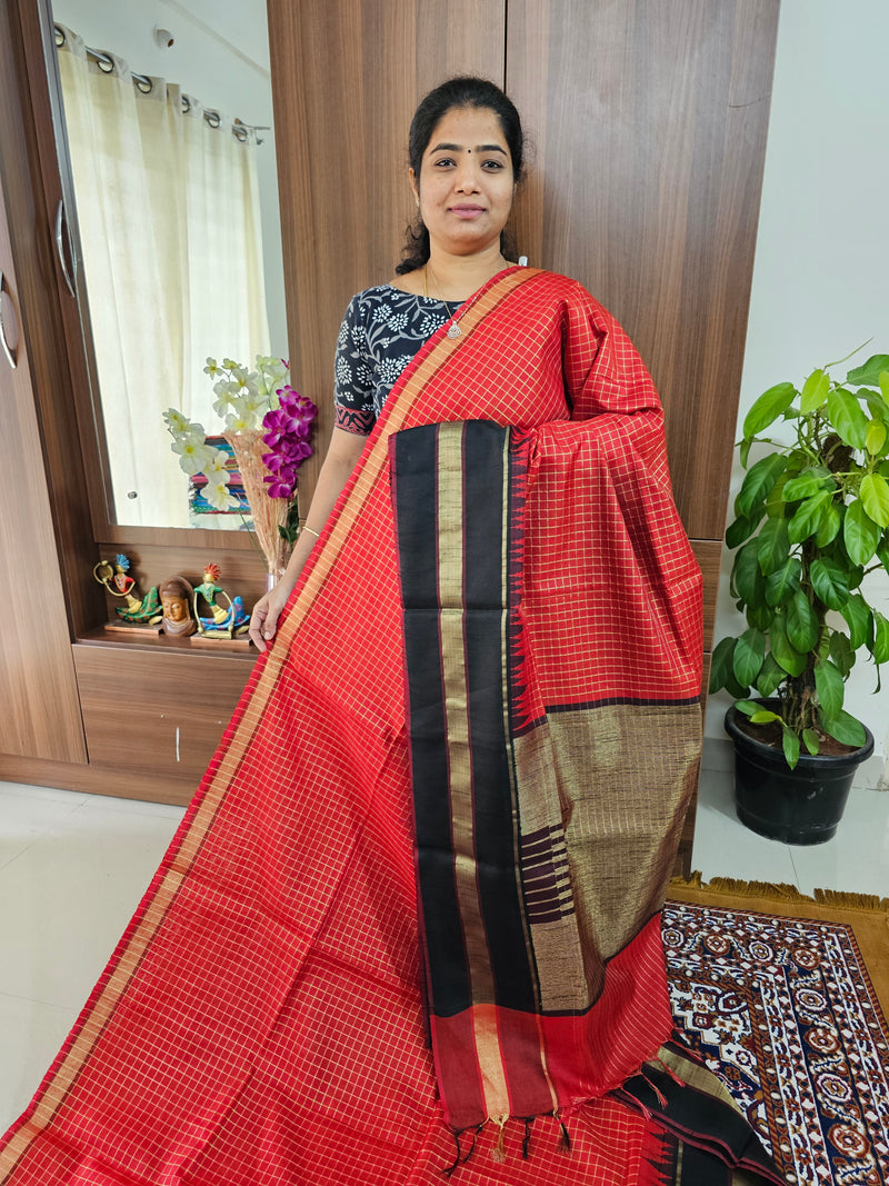 Semi Raw Silk Saree - Red with Black