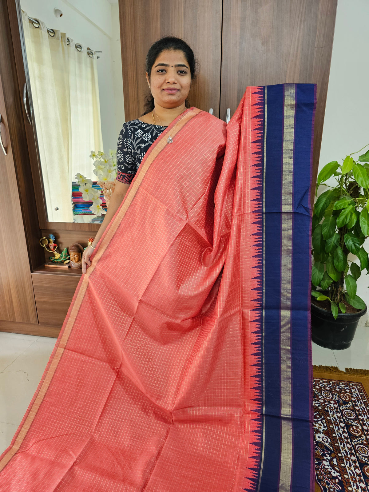 Semi Raw Silk Saree - Peach with Navy Blue