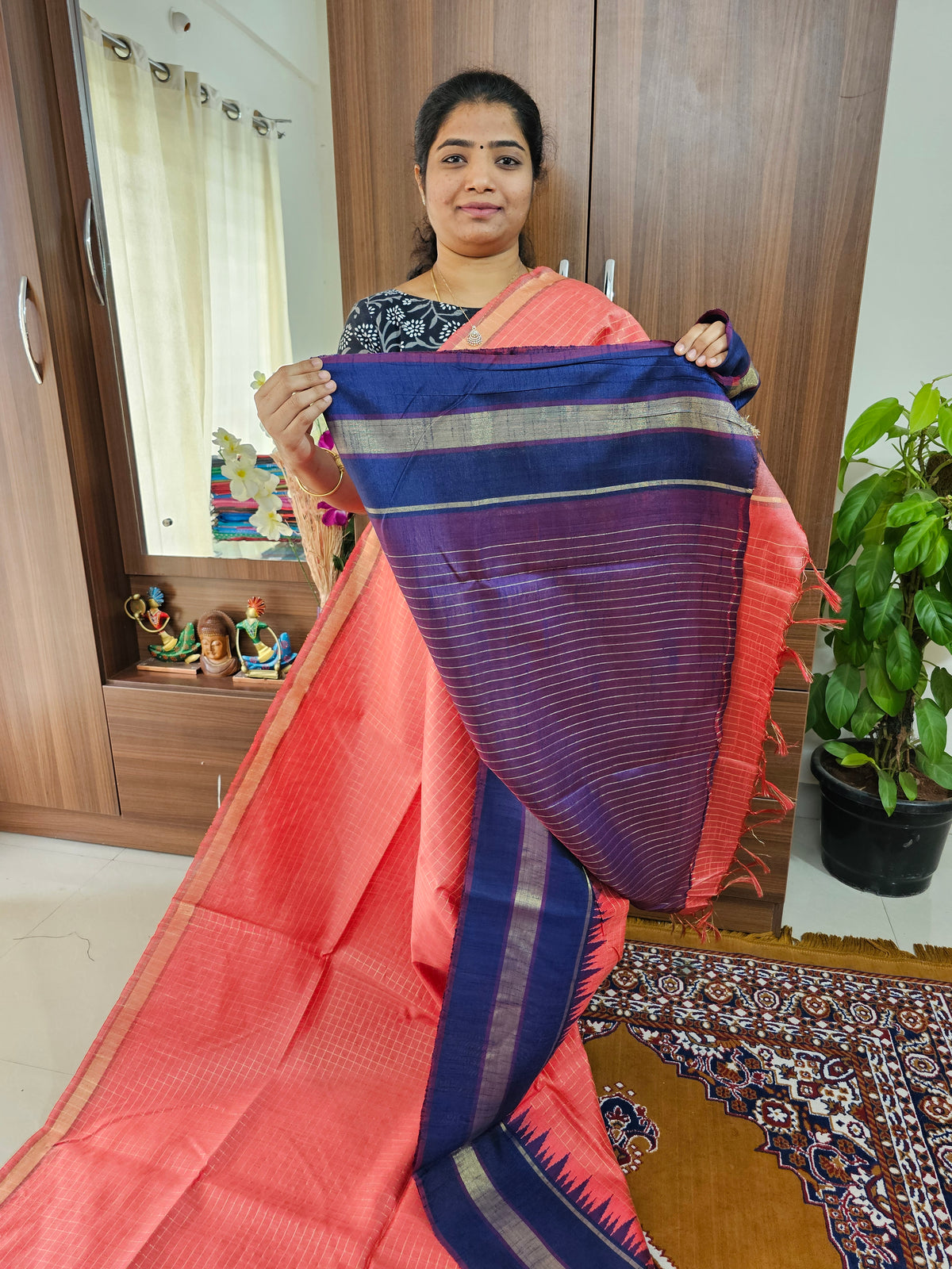 Semi Raw Silk Saree - Peach with Navy Blue