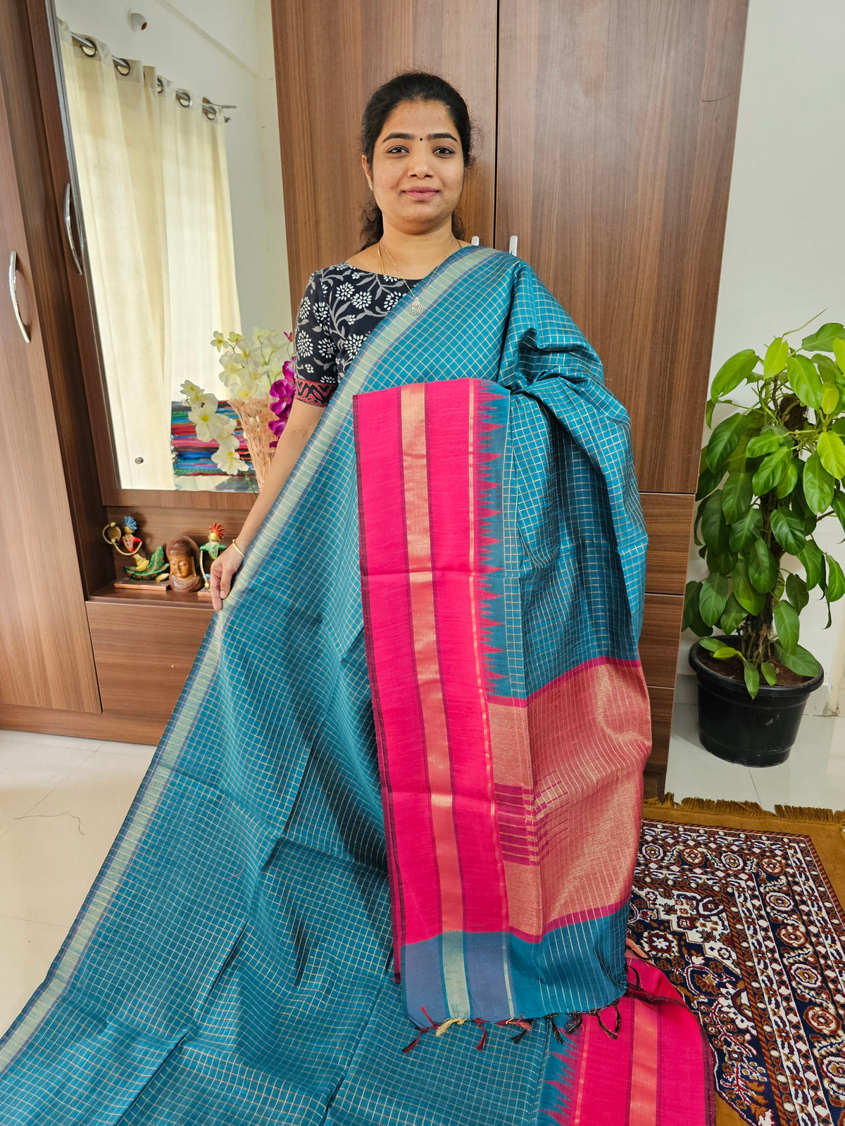 Semi Raw Silk Saree - Peacock Green with Pink