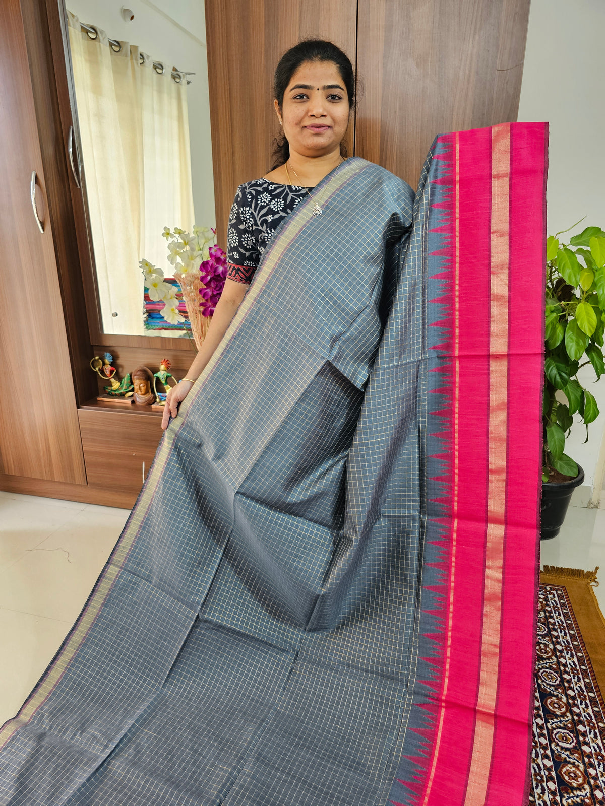 Semi Raw Silk Saree - Grey with Pink