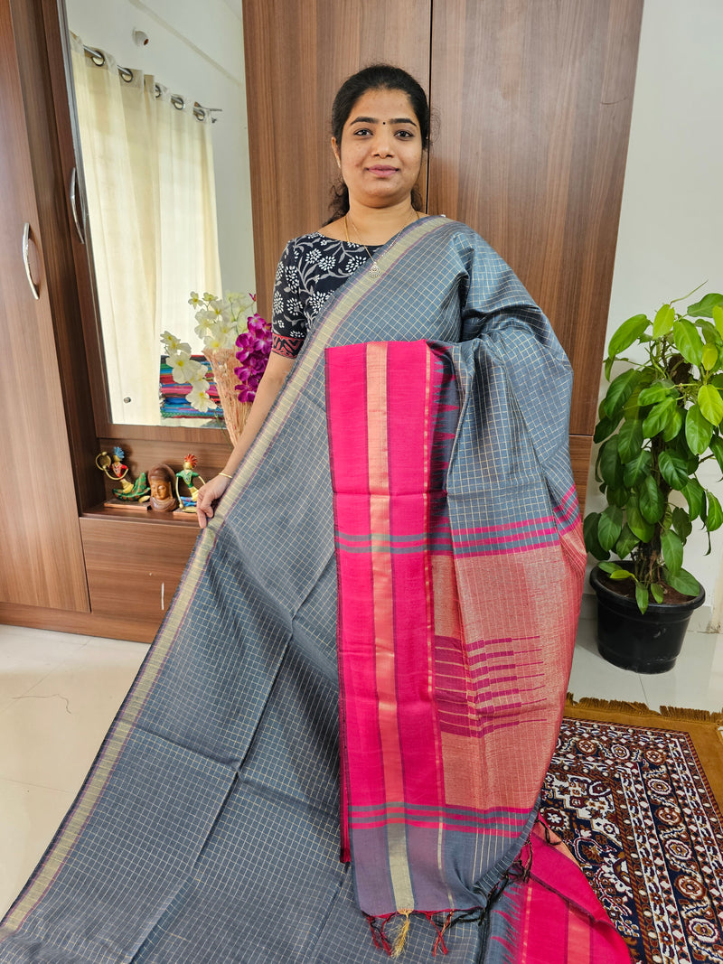 Semi Raw Silk Saree - Grey with Pink