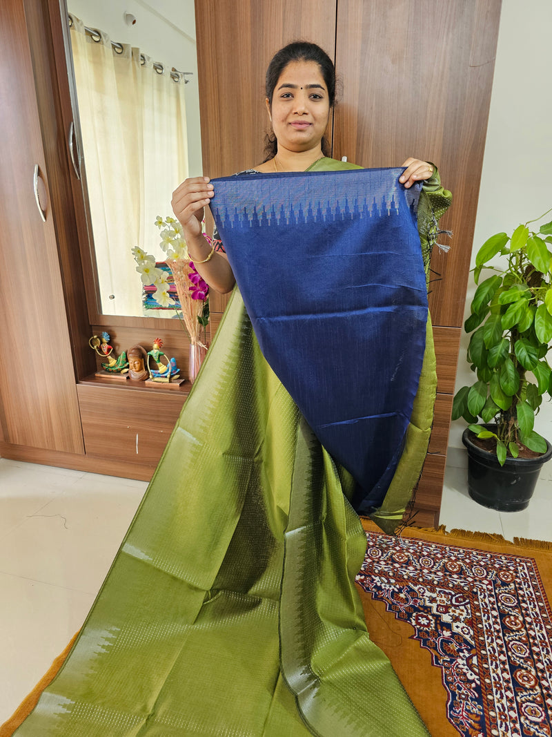 Semi Raw Silk Saree - Green with Navy Blue