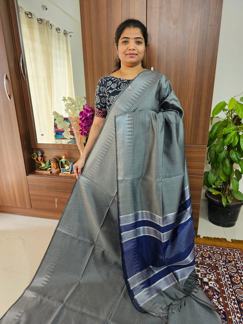 Semi Raw Silk Saree - Grey with Navy Blue