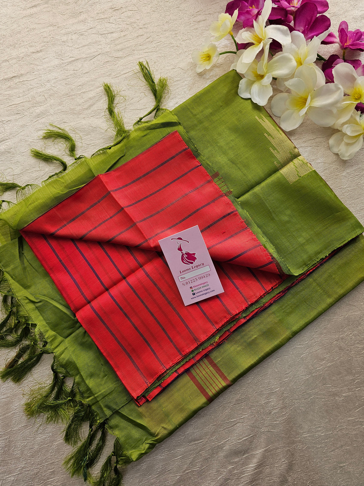 Reddish Pink with Green Stripes Handwoven Chinnalampattu Saree