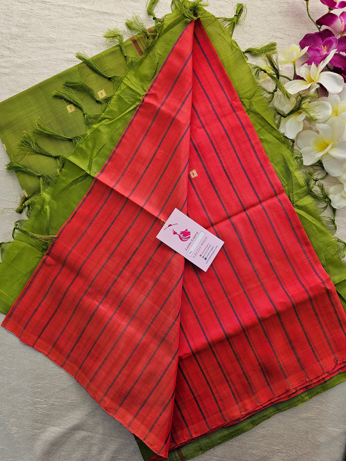 Reddish Pink with Green Stripes Handwoven Chinnalampattu Saree