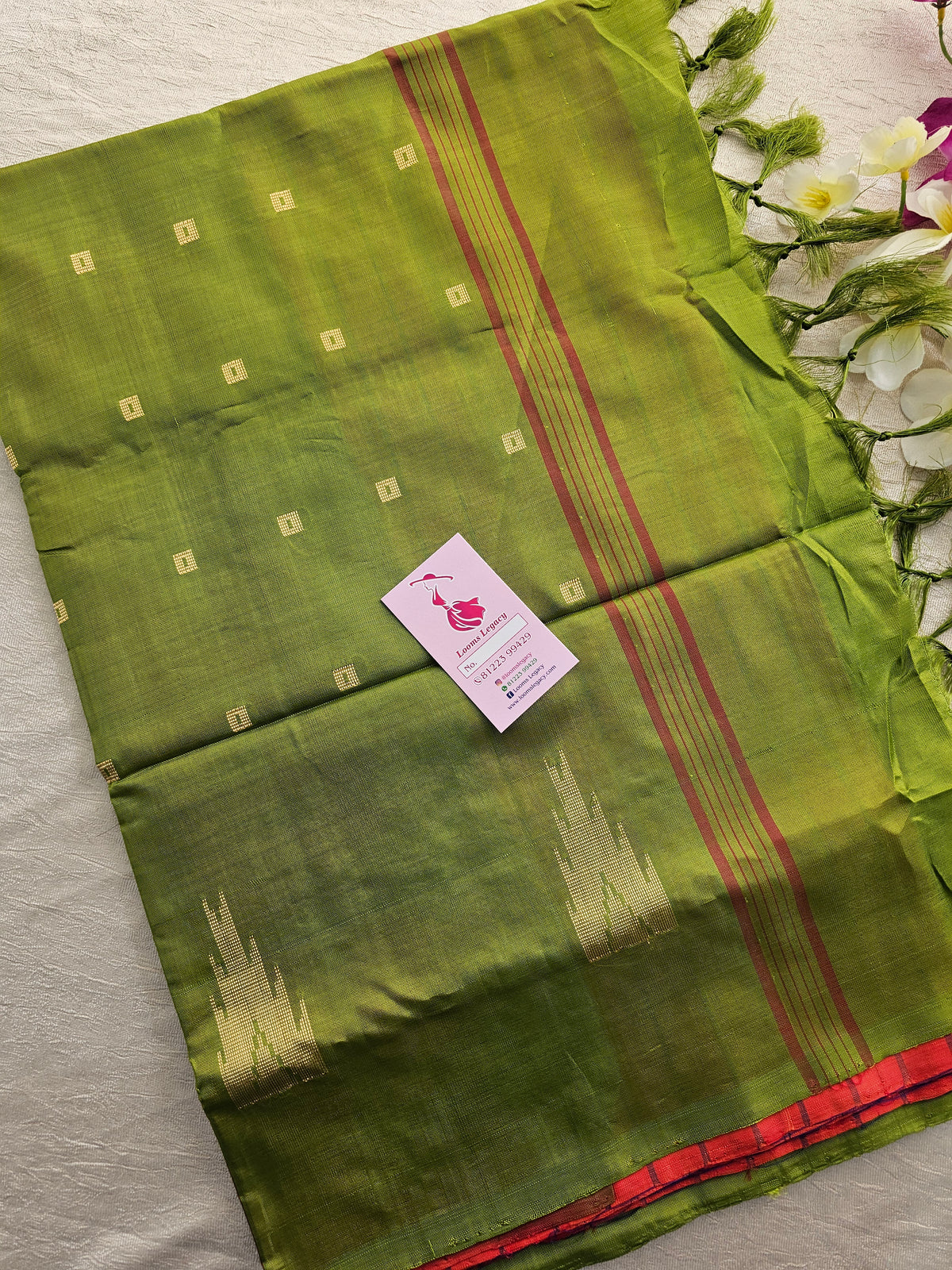 Reddish Pink with Green Stripes Handwoven Chinnalampattu Saree