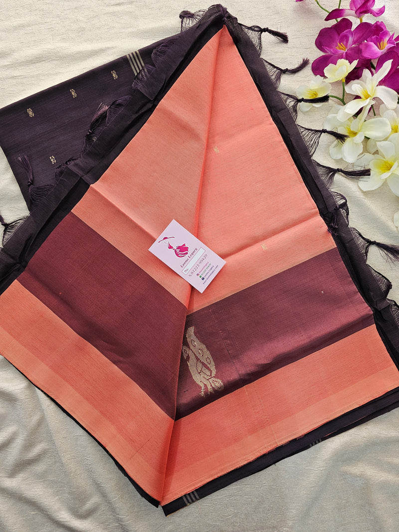 Peach with Dark Brown Border Handwoven Chinnalampattu Saree