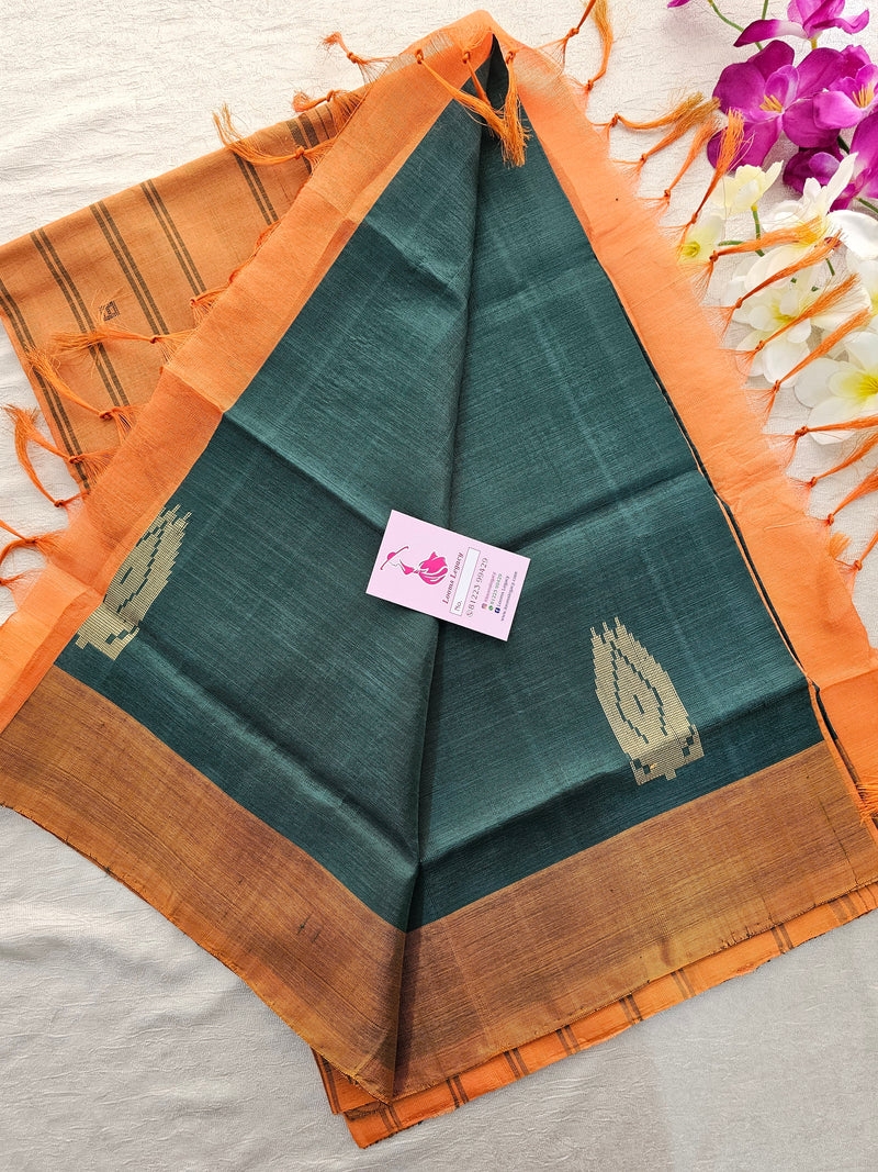 Peacock Green with Orange Border Handwoven Chinnalampattu Saree