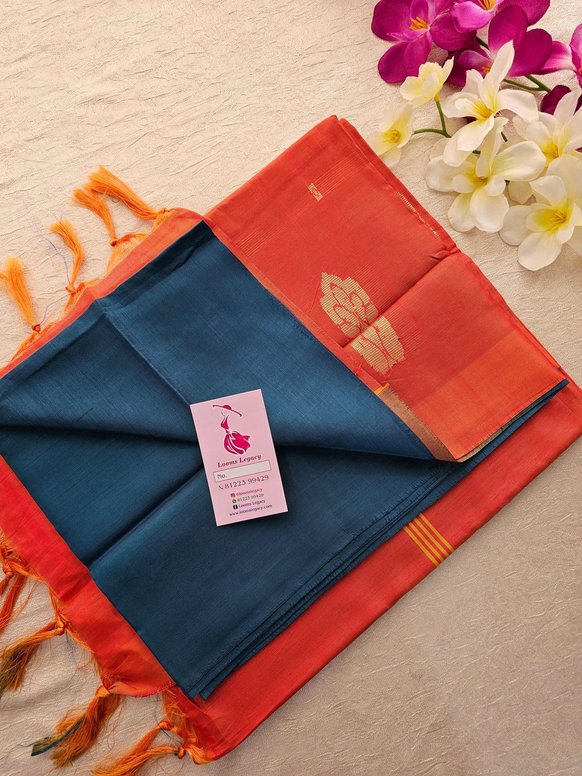 Peacock Blue with Orange Handwoven Chinnalampattu Saree