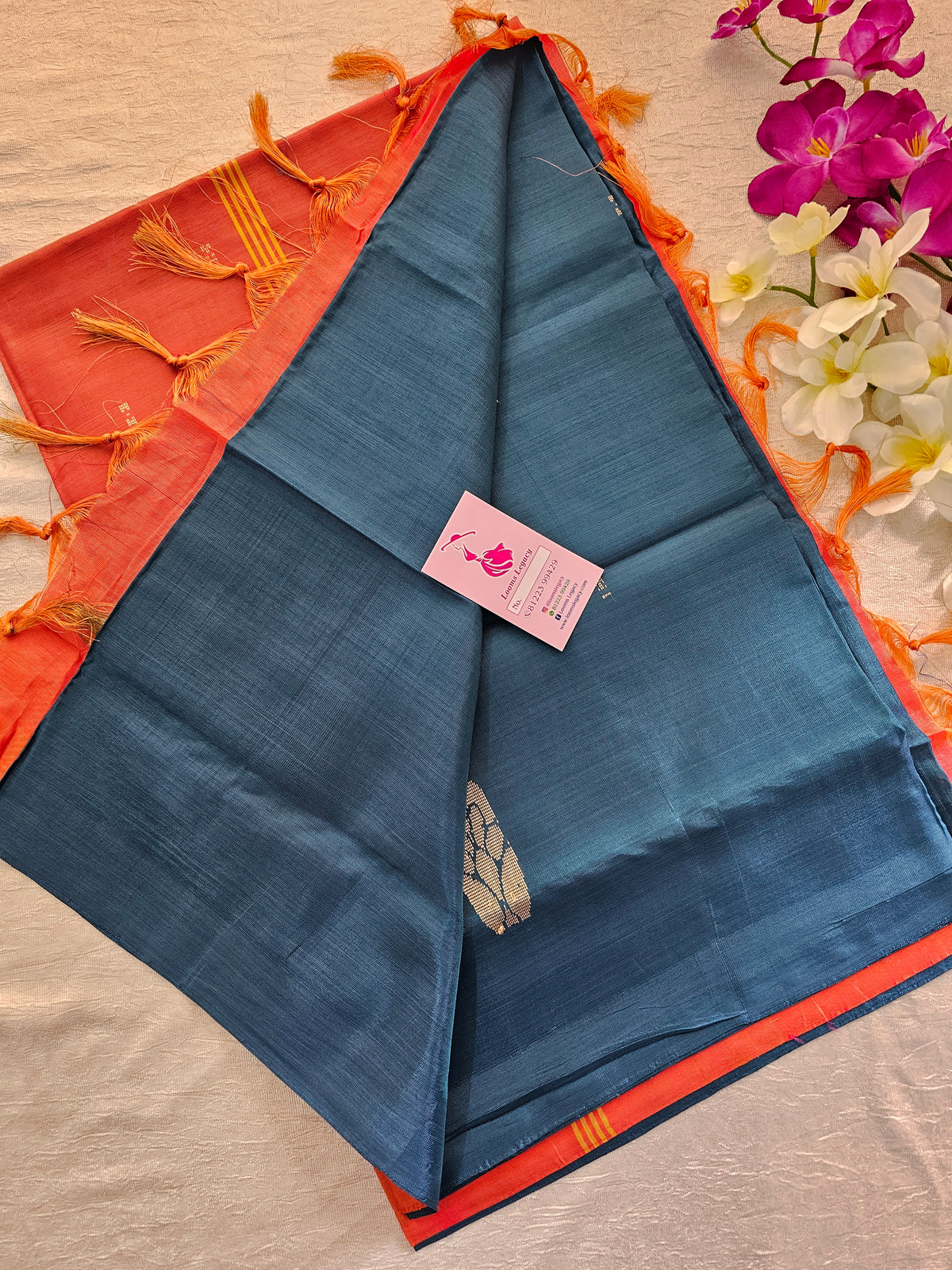 Peacock Blue with Orange Handwoven Chinnalampattu Saree